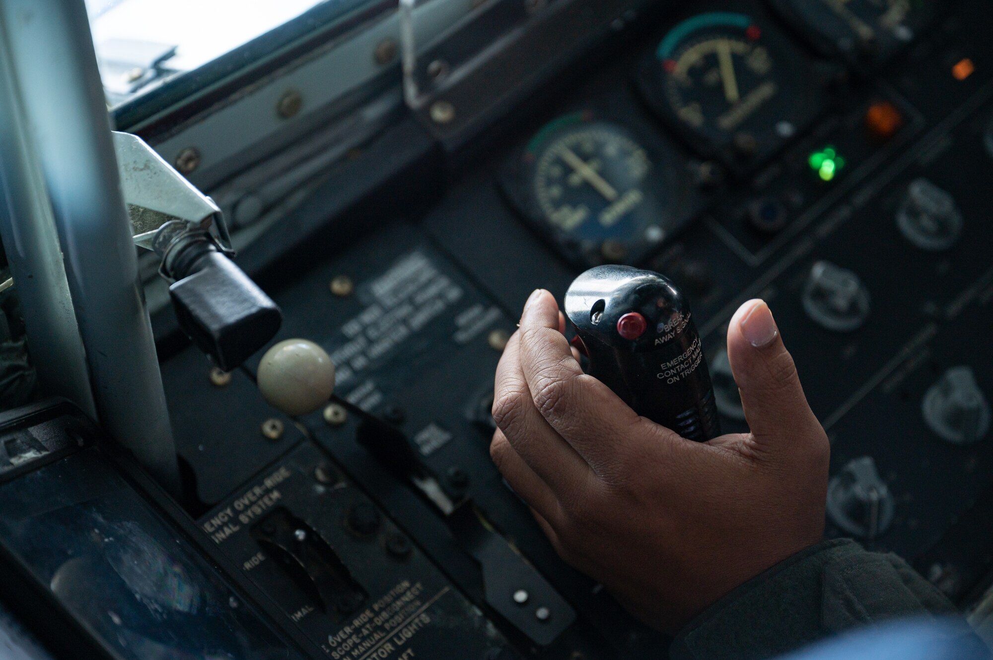 U.S. Air Force Airman 1st Class Anthony Toliver, 351st Air Refueling Squadron KC-135 Stratotanker aircraft boom operator, prepares a KC-135 flying boom for aerial refueling operations over the European area of responsibility, Nov. 8, 2023.