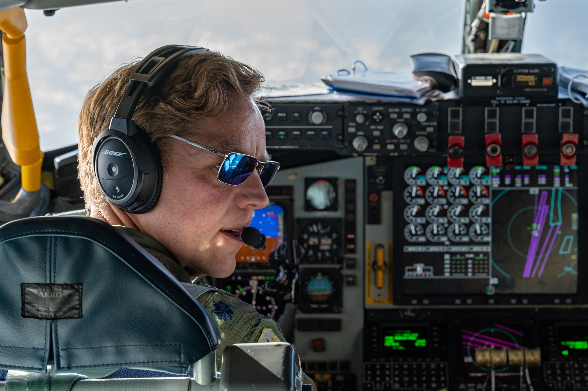 U.S. Air Force Lt. Col. Joshua Hiam, 351st Air Refueling Squadron KC-135 Stratotanker aircraft pilot, flies a KC-135 Stratotanker during aerial refueling operations over the European area of responsibility, Nov. 8, 2023.