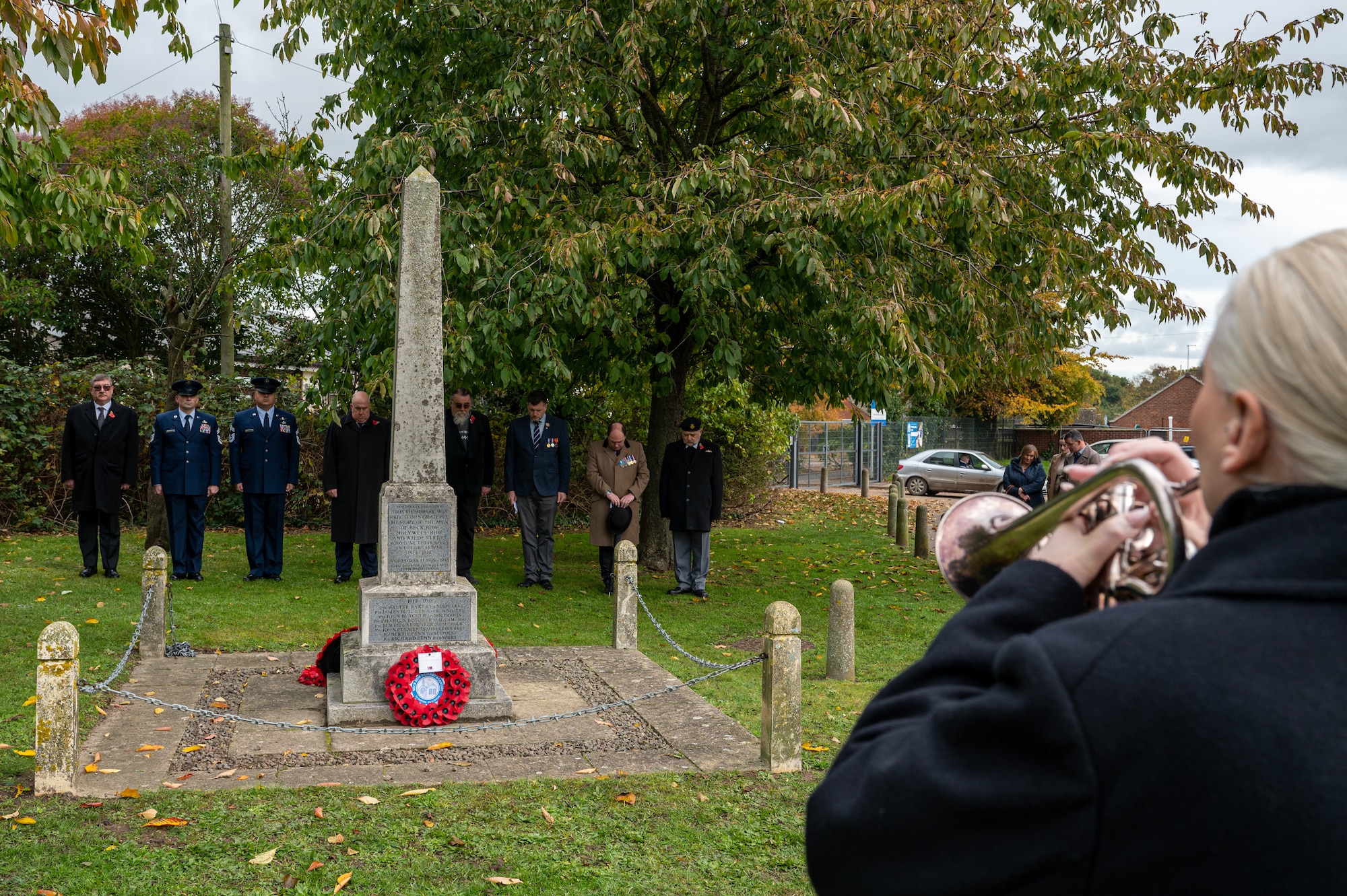 U.S. Air Force Senior Enlisted Leaders assigned to Royal Air Force Mildenhall and members of the Beck Row community, gather to pay their respects on Remembrance Day, Beck Row, England, Nov. 12, 2023.