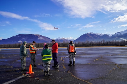 Civil Air Patrol cadets from across the Southcentral Region practice body blocking while using receivers to measure signal strength to locate a distress beacon during a three-day training event Nov. 4, 2023, at the Birchwood Airport in Chugiak, Alaska.