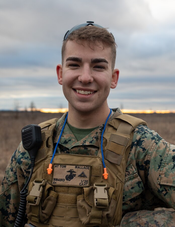 U.S. Marine Corps Lance Cpl. Samuel Wallace, an anti-tank missile gunner for Anti-Tank Training Company, 25th Marine Regiment, 4th Marine Division, Marine Forces Reserve poses for a portrait before firing a Tube-Launched Optically-Tracked Wire-Guided (TOW) weapon system missile before a live-fire exercise at Fort Chaffee Joint Maneuver Training Center, Arkansas, March 3, 2023. The Marines fired the TOW weapon system from a Joint Light Tactical Vehicle (JLTV), to familiarize themselves with the safety and firing procedures associated with it. Wallace is a native of Muskogee, Oklahoma, and attends Indian Capital Technology Center (ITCT) for school, as well as being a music minister in Muskogee. (U.S. Marine Corps photo by Cpl. Jonathan L. Gonzalez)