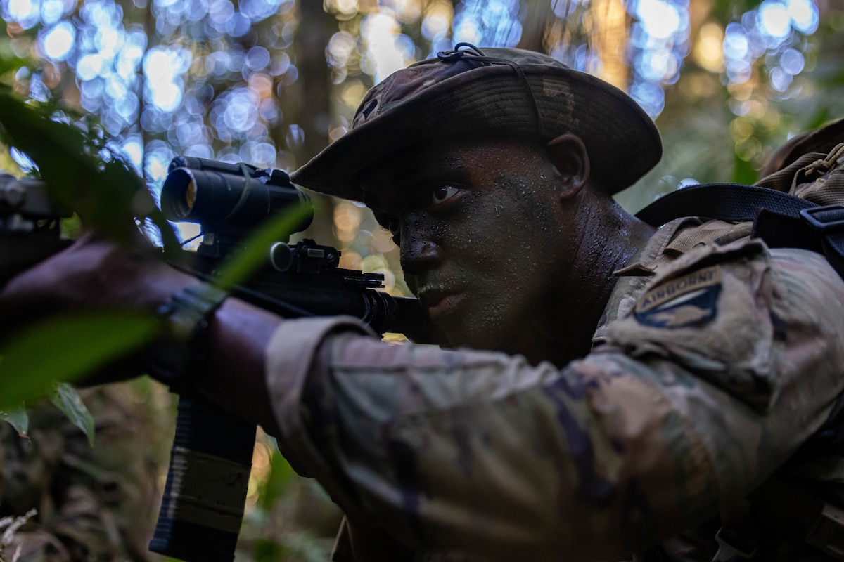 A soldier on patrol during a training exercise.