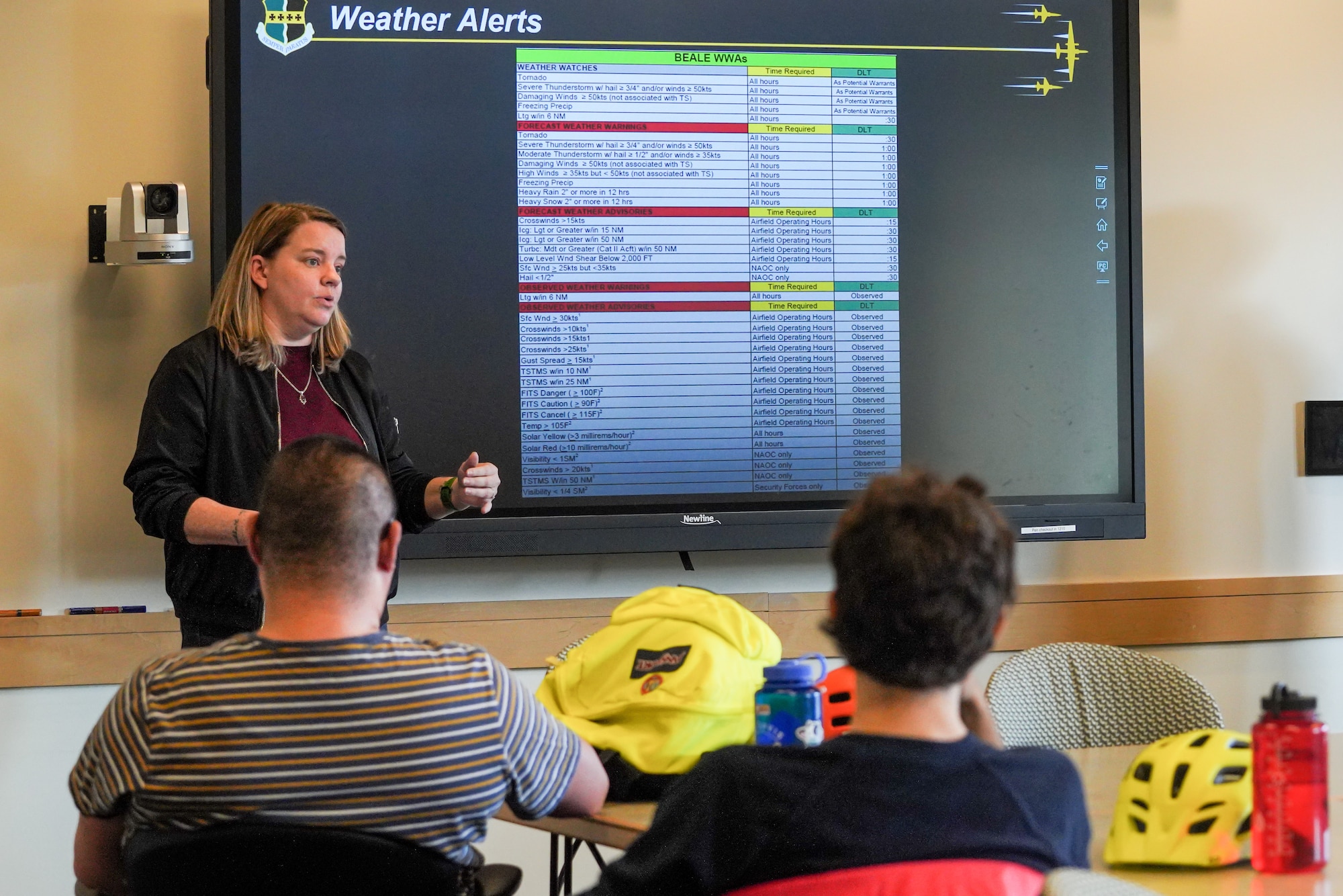 Jacquelyn Langdon, 9th Operations Support Squadron lead meteorological technician briefs University of California, Davis students on the role of military meteorologists at the University of California, Davis, Nov. 07, 2023.