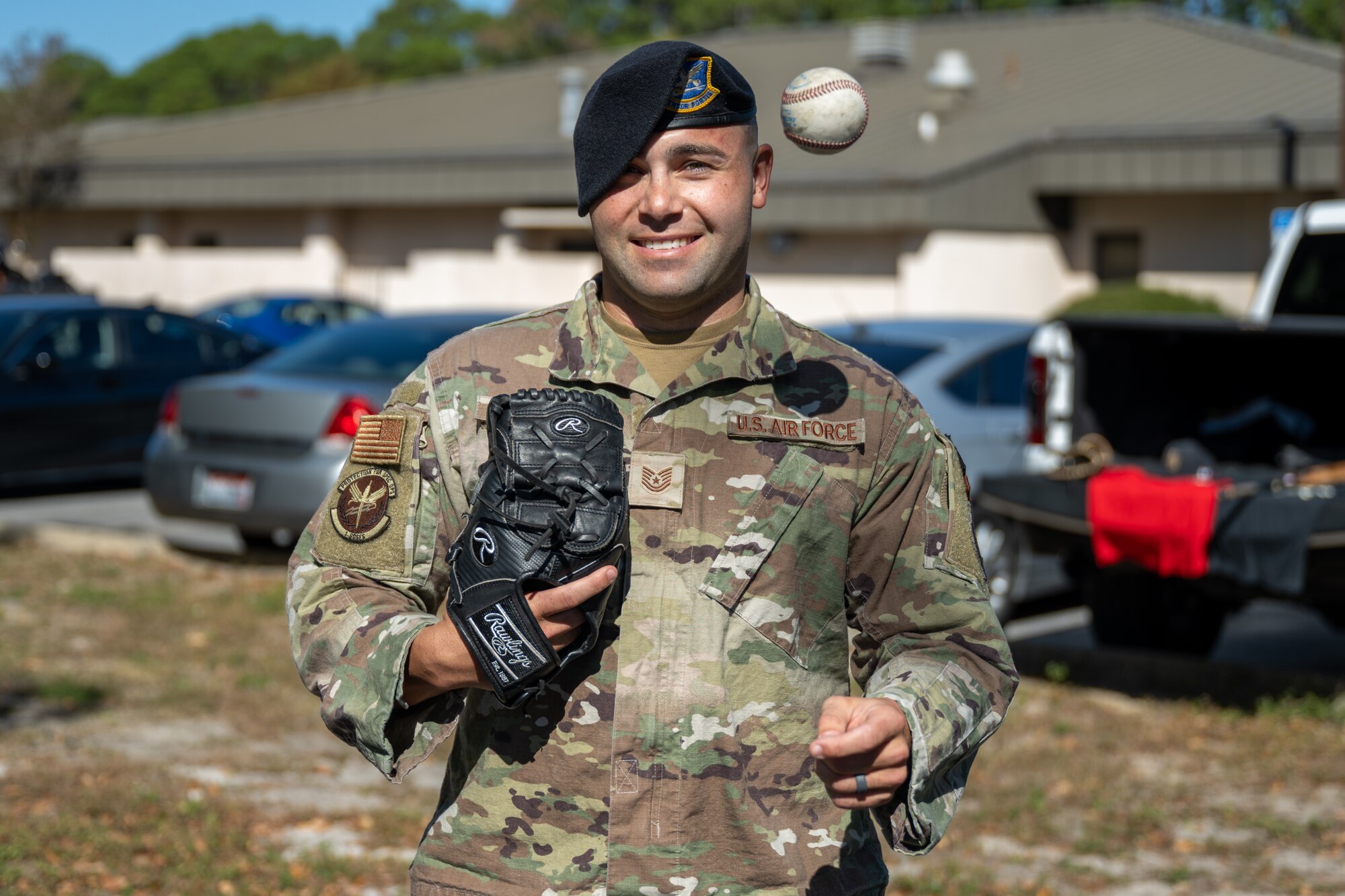 U.S. Air Force Tech Sgt. Travis J. Hackett,  1st Special Operations Security Forces Squadron standardization and evaluation, poses for a photo at Hurlburt Field, Florida, Oct 24, 2023. Hackett enjoyed playing baseball since early childhood and currently plays for the WarDogs Baseball team. (U.S. Air Force photo by Airman 1st Class Hussein Enaya)