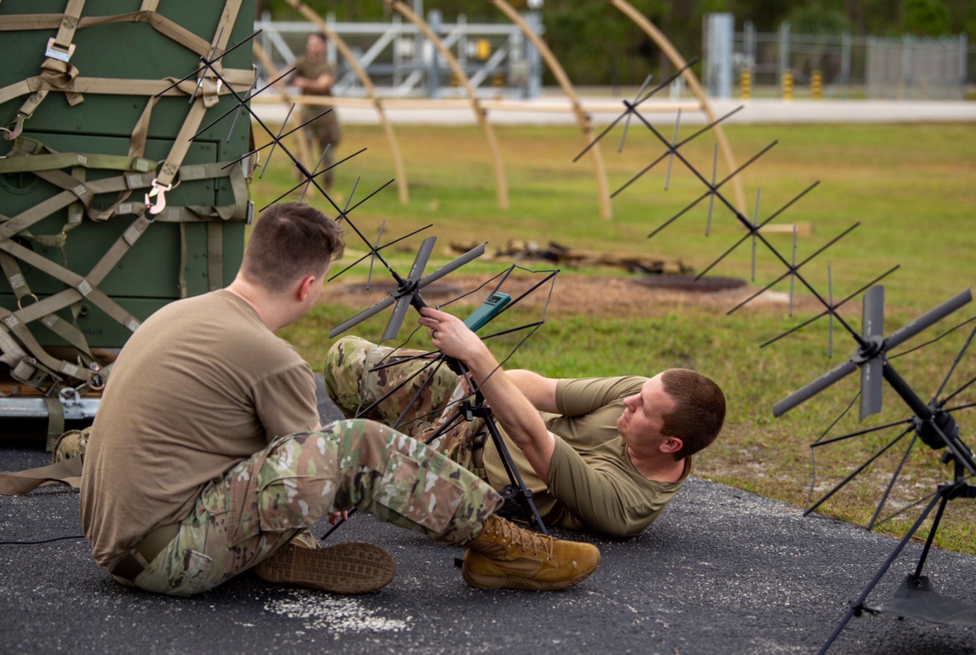 Mosaic Tiger 24-1 participants set up antennas at Avon Park Air Force Range, Florida, Nov. 13, 2023. Rapidly deployable communications are essential to an agile and lethal force. (U.S. Air Force photo by Airman 1st Class Leonid Soubbotine)
