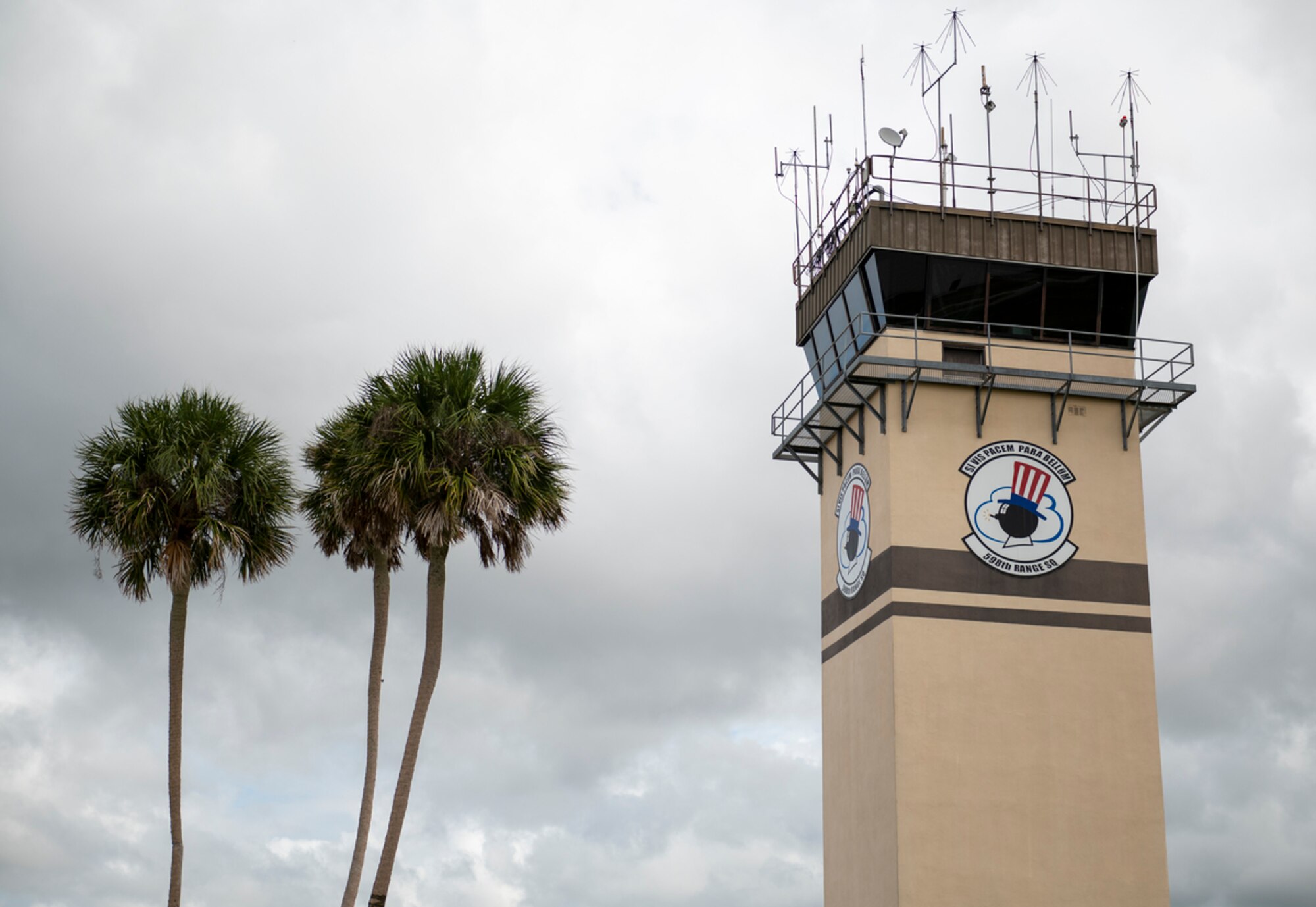 Clouds pass over the air traffic control tower at Avon Park Air Force Range, Florida, Nov 13. 2023. “If You Want Peace – Prepare For War” reads the slogan for 598th Range Squadron. (U.S. Air Force photo by Airman 1st Class Leonid Soubbotine)