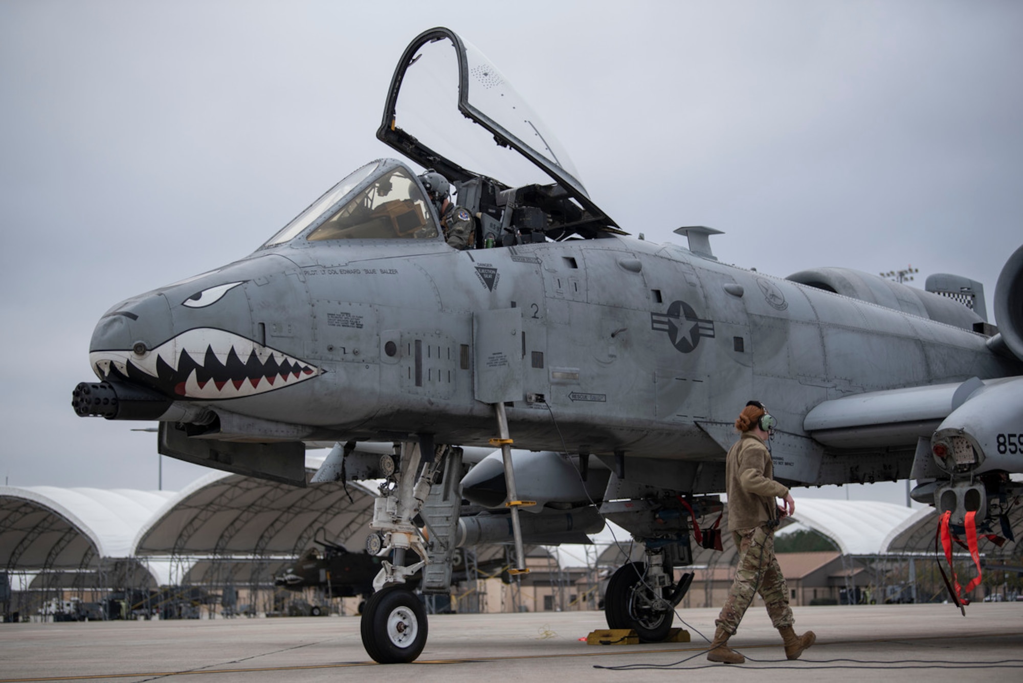 An A-10C Thunderbolt II undergoes a pre-flight check prior to takeoff during Mosaic Tiger 24-1 at Moody Air Force Base, Georgia, November 13, 2023. During Mosaic Tiger 24-1, Airmen from Moody practiced rapidly employing air assets in contested and dispersed locations. (U.S. Air Force photo by Staff Sgt. Thomas Johns)