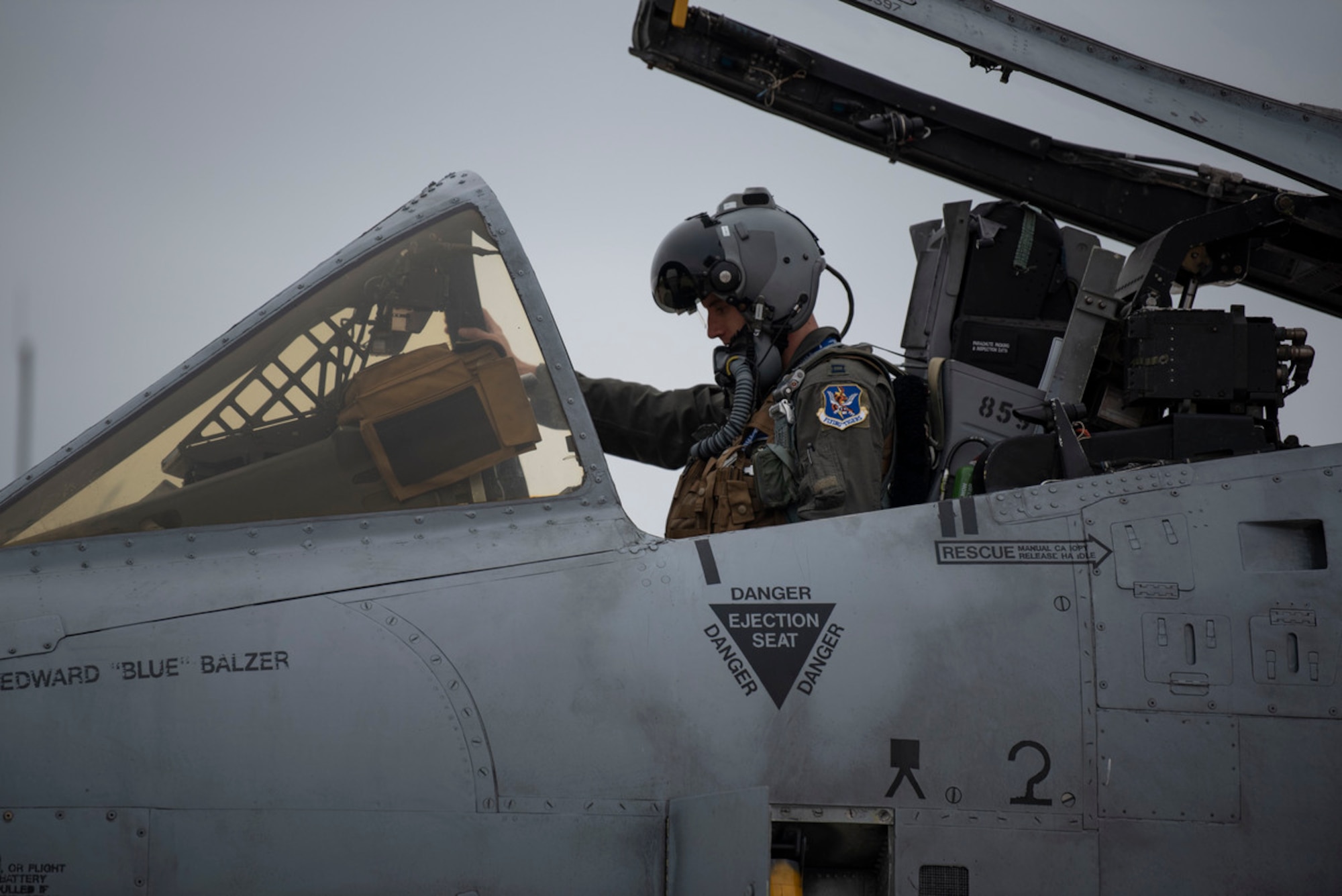 U.S. Air Force Capt. Joshua Kisbye, 74th Fighter Squadron A-10C Thunderbolt II pilot, performs pre-flight checks on his aircraft during Mosaic Tiger 24-1 at Moody Air Force Base, November 13, 2023. During Mosaic Tiger 24-1, pilots and aircrew combated simulated degraded communications while employing agile air power. (U.S. Air Force photo by Staff Sgt. Thomas Johns)