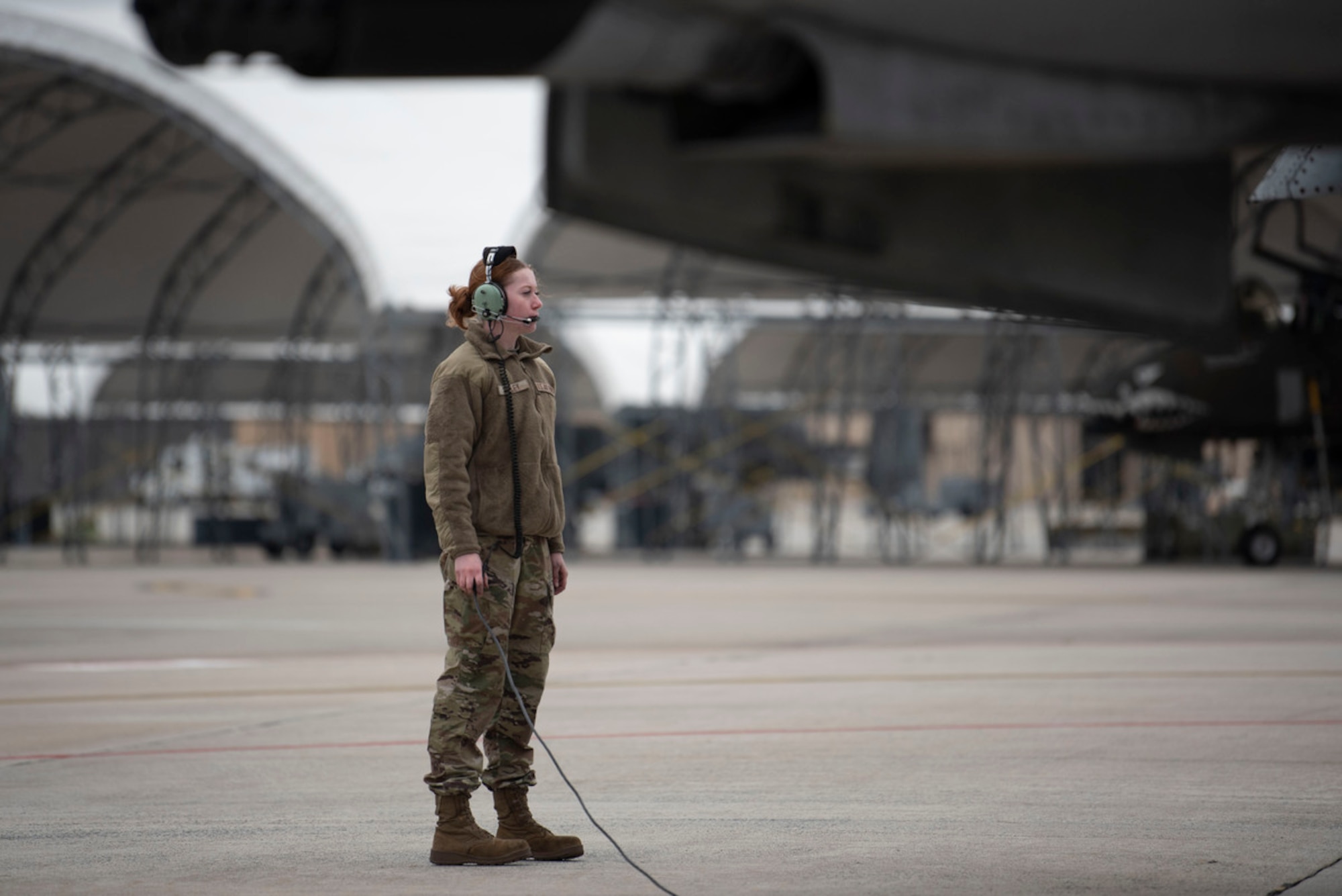 U.S. Air Force Airman Gabrielle Shipley, 74th Fighter Generation Squadron crew chief, inspects an A-10C Thunderbolt II aircraft before takeoff during Mosaic Tiger 24-1 at Moody Air Force Base, Georgia, November 13, 2023. During Mosaic Tiger 24-1, Airmen were subject to simulated attacks and disruptions to increase readiness and instill rapid decision making skills. (U.S. Air Force photo by Staff Sgt. Thomas Johns)