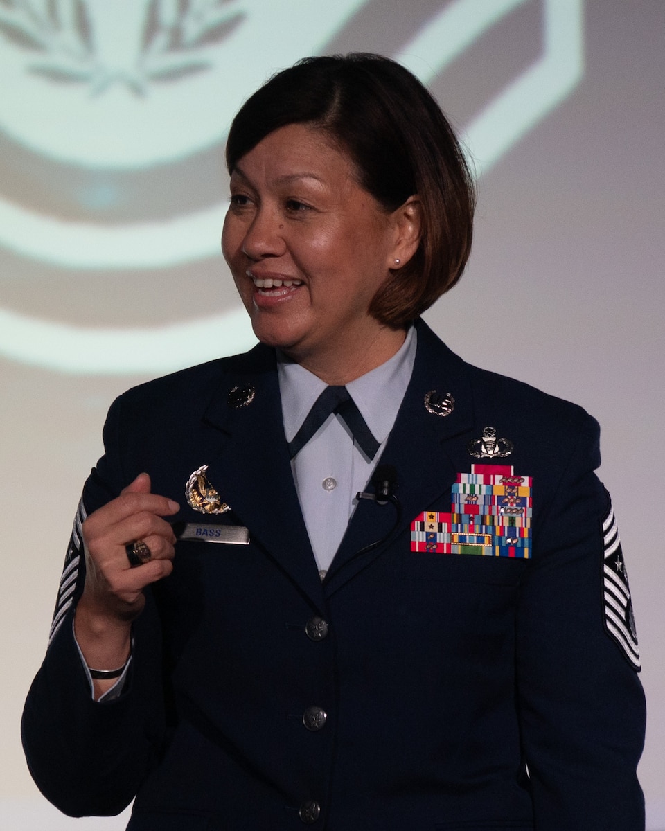 Chief Master Sergeant of the Air Force JoAnne S. Bass delivers her keynote address during the 55th Annual Airlift/Tanker Association Convention, Nov. 10, 2023, in Grapevine, Texas. This year’s conference featured ten keynote speakers and 20 seminars centering on forging mobility warriors that effectively project the Joint Force and America’s lethality. Additionally, 70 industry partners proposed 89 solutions to AMC leadership, aiming to advance mobility capabilities and eliminate mobility gaps.