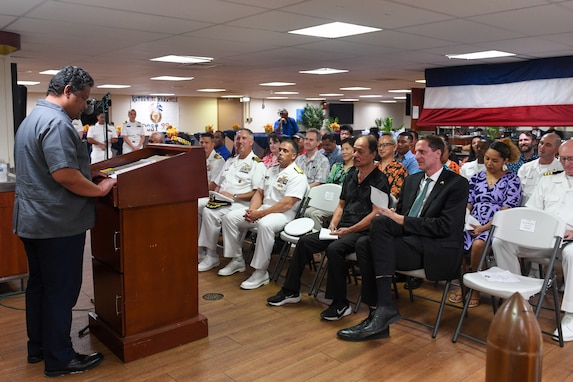 Casten N. Nemra, acting foreign minister for the Republic of Marshall Islands, gives remarks during the Republic of the Marshall Islands mission stop closing ceremony for Pacific Partnership 2024-1, Nov. 10, 2023. Pacific Partnership, now in its 19th iteration, is the largest multinational humanitarian assistance and disaster relief preparedness mission conducted in the Indo-Pacific and works to enhance regional interoperability and disaster response capabilities, increase security stability in the region, and foster new and enduring friendships. (U.S. Navy photo by Mass Communication Specialist Seaman Justin Ontiveros)