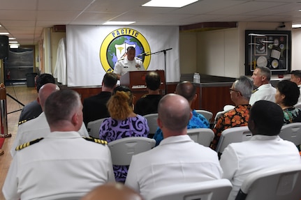 U.S. Navy Rear Adm. David Buzzatti, from Atlanta, Georgia, gives remarks aboard the hospital ship USNS Mercy (T-AH 19) during the closing ceremony for the Republic of the Marshall Islands mission stop of Pacific Partnership 2024-1 Nov. 10, 2023. Pacific Partnership, now in its 19th iteration, is the largest multinational humanitarian assistance and disaster relief preparedness mission conducted in the Indo-Pacific and works to enhance regional interoperability and disaster response capabilities, increase security stability in the region, and foster new and enduring friendships. (U.S. Navy photo by Mass Communication Specialist Seaman Justin Ontiveros)