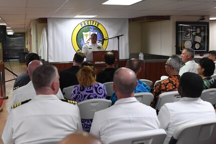 U.S. Navy Rear Adm. David Buzzatti, from Atlanta, Georgia, gives remarks aboard the hospital ship USNS Mercy (T-AH 19) during the closing ceremony for the Republic of the Marshall Islands mission stop of Pacific Partnership 2024-1 Nov. 10, 2023. Pacific Partnership, now in its 19th iteration, is the largest multinational humanitarian assistance and disaster relief preparedness mission conducted in the Indo-Pacific and works to enhance regional interoperability and disaster response capabilities, increase security stability in the region, and foster new and enduring friendships. (U.S. Navy photo by Mass Communication Specialist Seaman Justin Ontiveros)