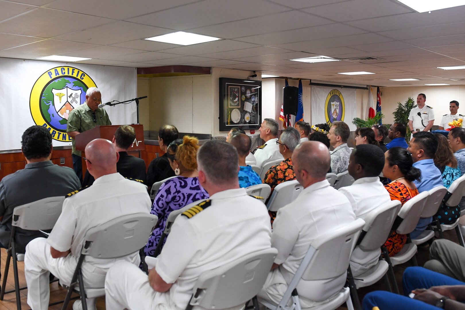 Mr. Ladie Jack, the mayor of Majuro, gives remarks during the Pacific Partnership 2024-1 closing ceremony for the Republic of the Marshall Islands mission stop aboard the hospital ship USNS Mercy (T-AH 19) Nov. 10, 2023. Pacific Partnership, now in its 19th iteration, is the largest multinational humanitarian assistance and disaster relief preparedness mission conducted in the Indo-Pacific and works to enhance regional interoperability and disaster response capabilities, increase security stability in the region, and foster new and enduring friendships. (U.S. Navy photo by Mass Communication Specialist Seaman Justin Ontiveros)