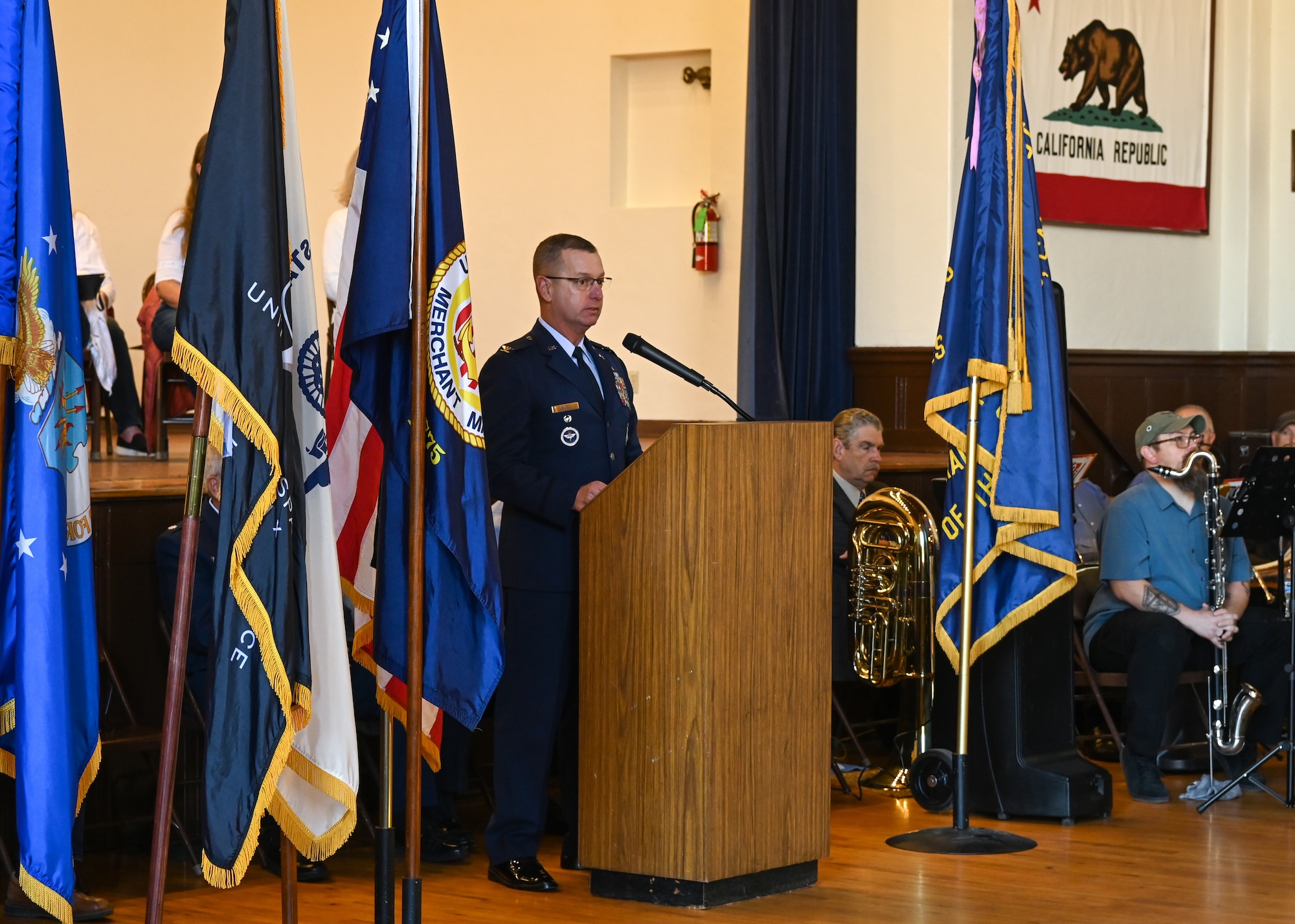 Space Launch Delta 30 vice commander, delivers a heartfelt speech to guests attending the Veterans Day ceremony at the Solvang Veterans Memorial Hall.