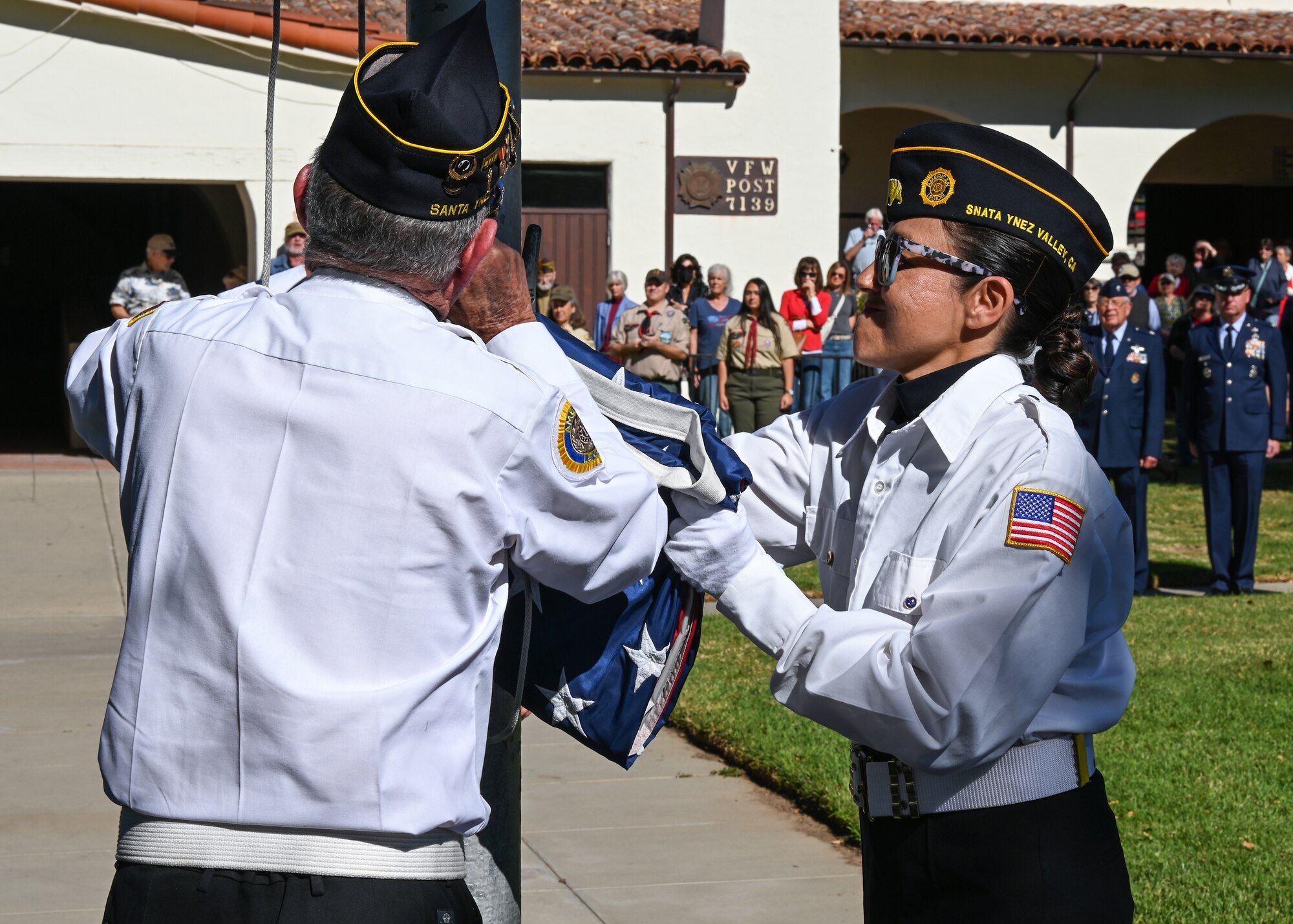Members of the American Legion Post 534 present the American flag during the Veterans Day ceremony at the Solvang Veterans Memorial Hall.