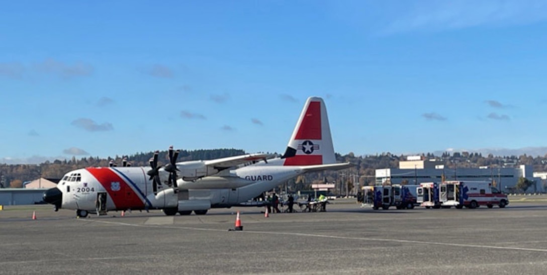 Four injured Coast Guard members from Air Station Sitka, Alaska, are taken to the Harborview Medical Center in Seattle, Nov. 14, 2023, to receive medical care following the crash of a Coast Guard MH-60 Jayhawk helicopter during a search and rescue case earlier in the night. The helicopter crash occurred Nov. 13, 2023, at approximately 11:05 p.m. near Read Island, Alaska, and is currently under investigation. (U.S. Coast Guard courtesy photo)