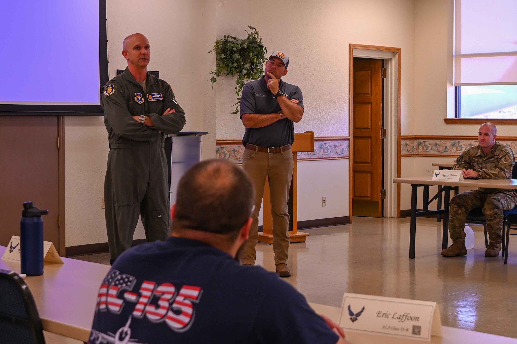 U.S. Air Force Col. Jeff Marshall, 97th Air Mobility Wing (AMW) commander and Chief Master Sgt. Justin Brundage, 97th AMW command chief, encourages students to gain as much knowledge from the Airpower Leadership Academy (ALA) classes as they can, at Altus Air Force Base, Oklahoma, Sept. 18, 2023. ALA is a training program designed for supervisors which challenges them to develop their professional values and personal leadership philosophy. (U.S. Air Force photo by Airman 1st Class Kari Degraffenreed)