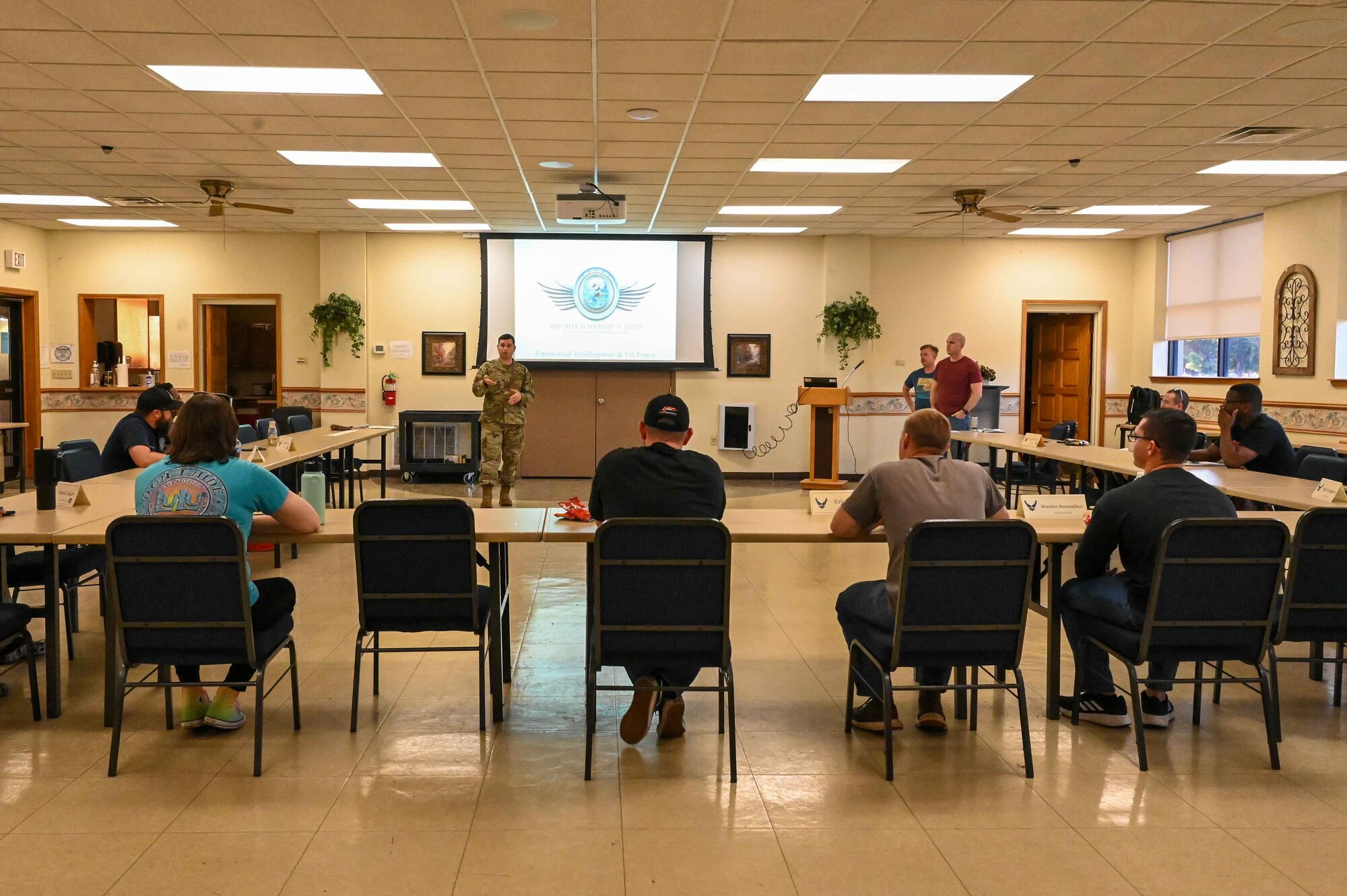 U.S. Air Force Master Sgt. Robert Laxton, 97th Logistics Readiness Squadron first sergeant, explains the weekly lesson to the Airpower Leadership Academy students at Altus Air Force Base, Oklahoma, Nov. 6, 2023. Each week consisted of a single two-hour class led by senior noncommissioned officers from across the base. (U.S. Air Force photo by Airman 1st Class Kari Degraffenreed)