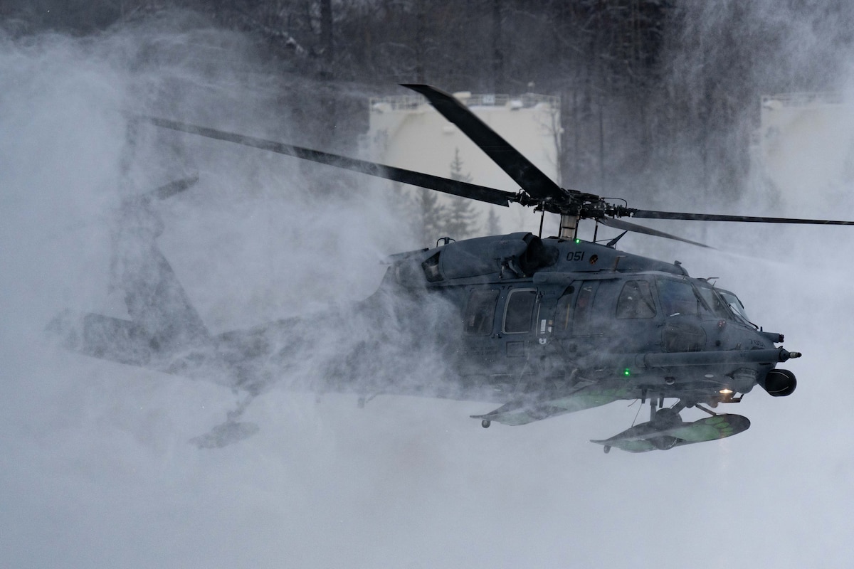 An Alaska Air National Guard HH-60G Pave Hawk assigned to the 210th Rescue Squadron takes off at Joint Base Elmendorf-Richardson, Alaska, Oct. 26, 2022. The Rescue Squadron conducts search and rescue missions and provides rescue support in Alaska’s arctic conditions.