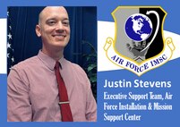 Graphic with photo of Stevens with AFIMSC shield