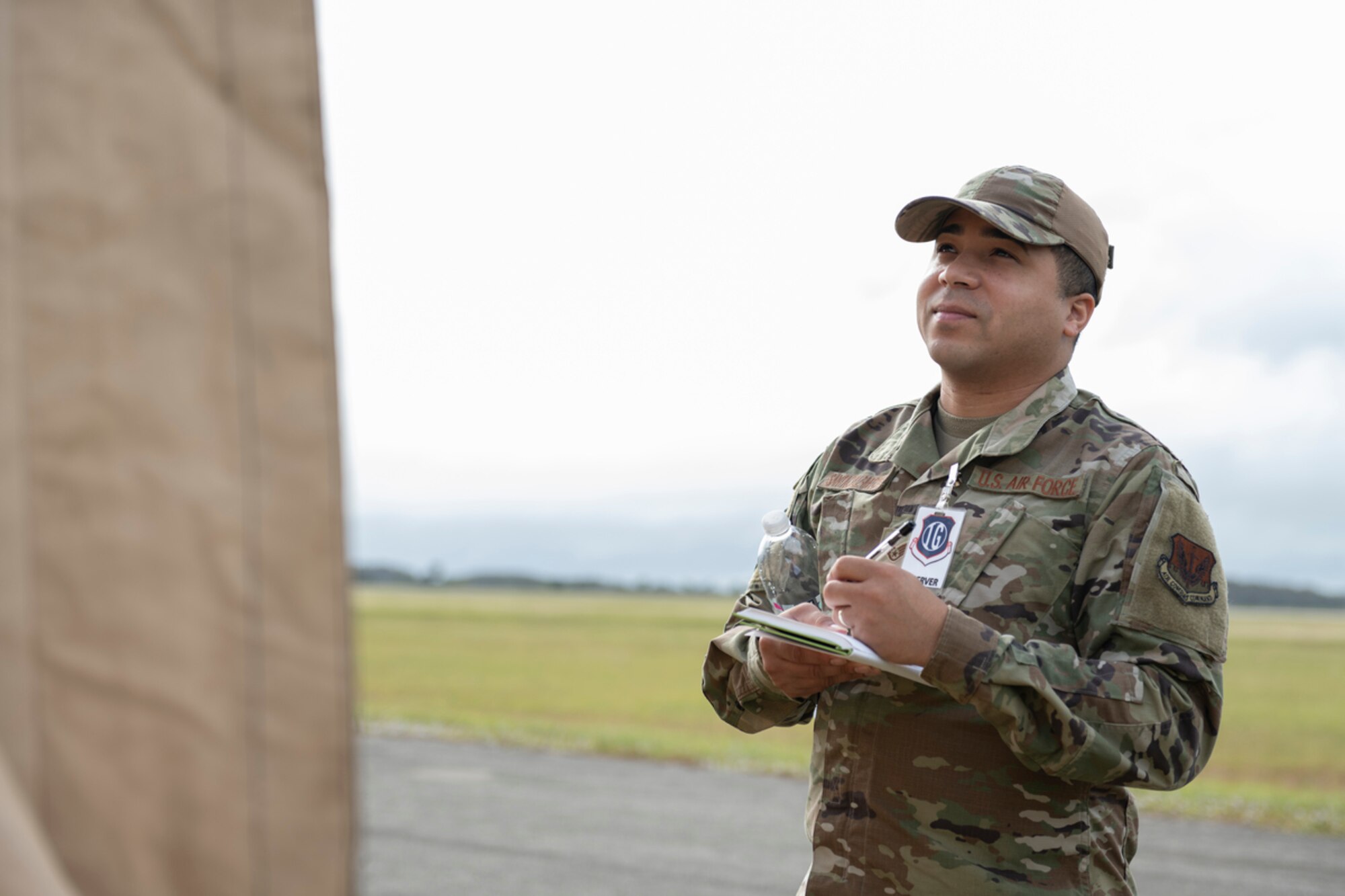 U.S. Air Force Staff Sgt. Victor Santacruz-Mitchell, 23rd Wing Personnel Support for Contingency Operations member, inspects a single pallet expeditionary kitchen during Mosaic Tiger 24-1 at Avon Park Air Force Range, Florida, Nov. 14, 2023. Santacruz-Mitchell looked for structural faults and ensured Airmen built it correctly to determine readiness for Lead Wing operations. (U.S. Air Force photo by Senior Airman Rachel Coates)