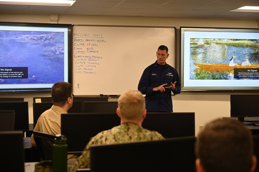 During a tour of IWTC Corry Station, U.S. Coast Guard Rear Adm. Joseph Buzzella, director of exercises and training, U.S. Cyber Command, got a chance to speak with cyber students taking the Marine Corps Cyber Operations Readiness Curriculum (MCCORC) course. One of the points he shared with the students was that U.S. Cyber Command Commander Gen. Paul Nakasone’s number one priority was readiness.