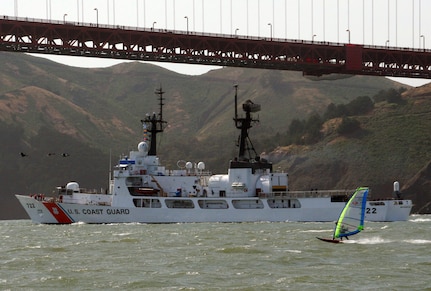 ALAMEDA, Calif. (May 19, 2007)--USCG Cutter Morgenthau (378') heads out to sea from its home port in Alameda, California passing under the Golden Gate Bridge. Photo by Linda Vetter, USCGAUX