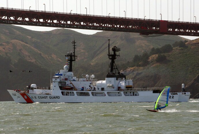 ALAMEDA, Calif. (May 19, 2007)--USCG Cutter Morgenthau (378') heads out to sea from its home port in Alameda, California passing under the Golden Gate Bridge. Photo by Linda Vetter, USCGAUX