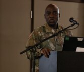 Command Sgt. Maj. Kehinde Salami, the Illinois National Guard's Command Senior Enlisted Leader, addresses the Illinois Army National Guard Commander's Guidance Seminar audience.