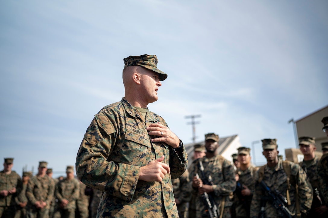 U.S. Marine Corps Col. Jason Quinter, commanding officer of Marine Air Control Group 38, 3rd Marine Aircraft Wing, addresses Marines with 3rd Low Altitude Air Defense Battalion before their departure in support of the Unit Deployment Program (UDP) and 31st Marine Expeditionary Unit (MEU) at Marine Corps Base Camp Pendleton, California, Nov. 10, 2023. The mission of 3rd LAAD is to enhance unit readiness and provide flexible low altitude air defense capabilities in support of a forward-posture in the Indo-Pacific region. Following this deployment, 3rd LAAD is expected to transfer responsibility to 1st LAAD in support of UDP and the 31st MEU, in line with Force Design 2030. (U.S. Marine Corps photo by Cpl. Daniel Childs)