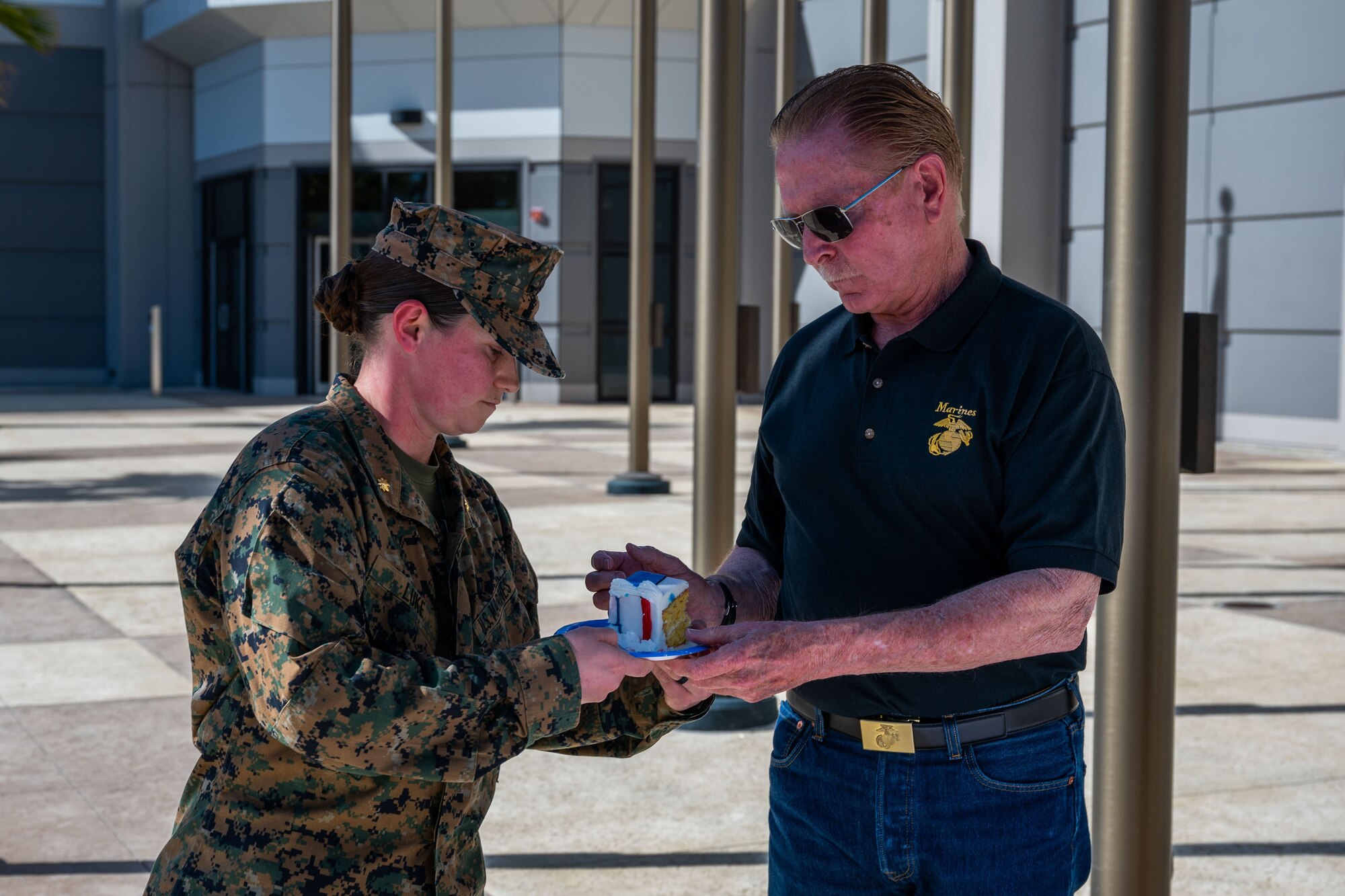 U.S. Marines and other members of the Combined Force Space Component Command celebrate the 248th birthday of the U.S. Marine Corps at the CFSCC Headquarters on Vandenberg Space Force Base, Calif., Nov. 9, 2023. CFSCC celebrated the birthday with reading of the Commandant's Birthday Message and a cake-cutting ceremony with the traditional passing from the oldest to youngest Marine present. (U.S. Space Force photo by Tech. Sgt. Luke Kitterman)