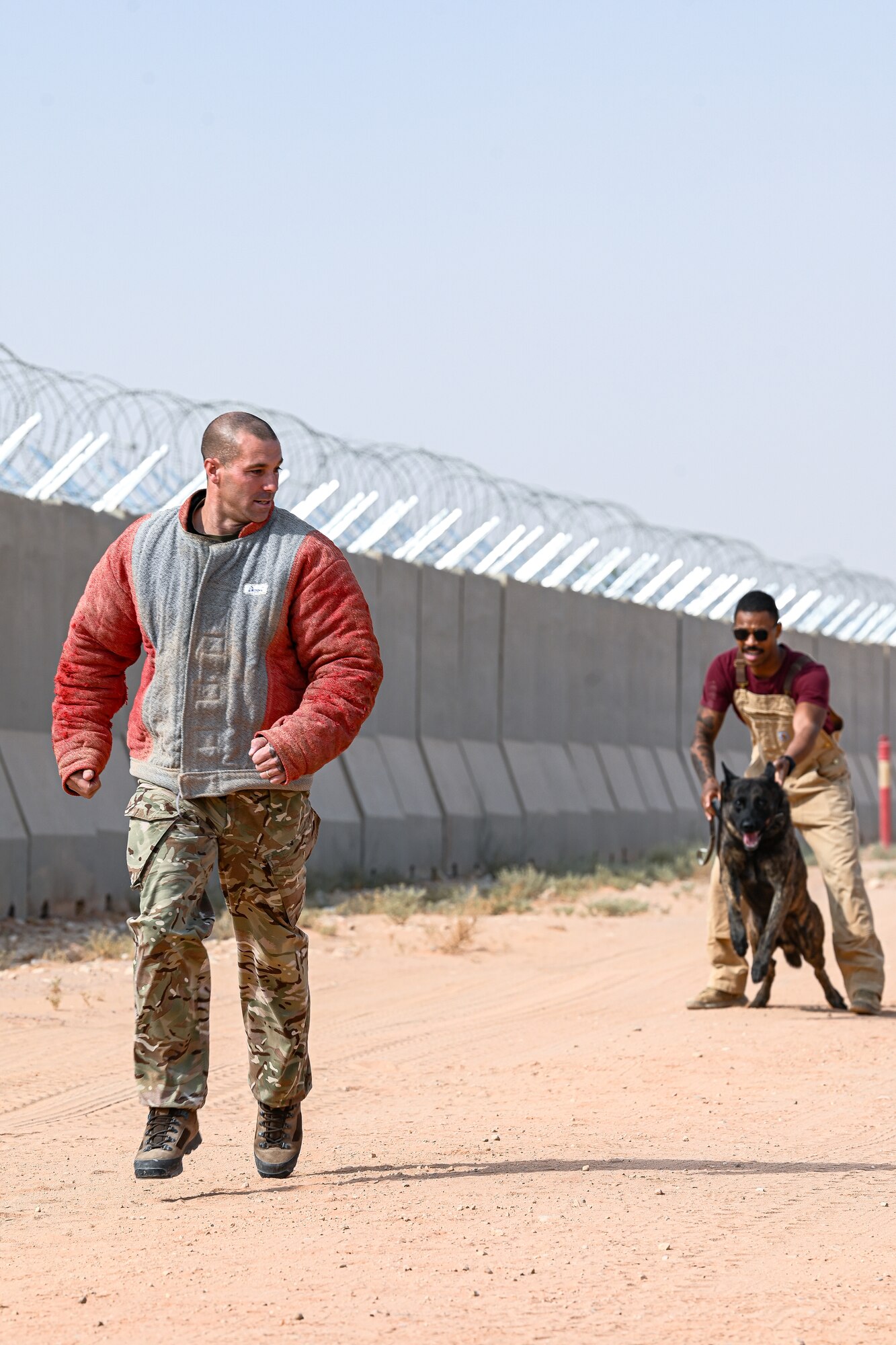 U.S. Air Force Airmen assigned to the Central Command Area of Responsibility conduct a K-9 demonstration with British Army personnel.