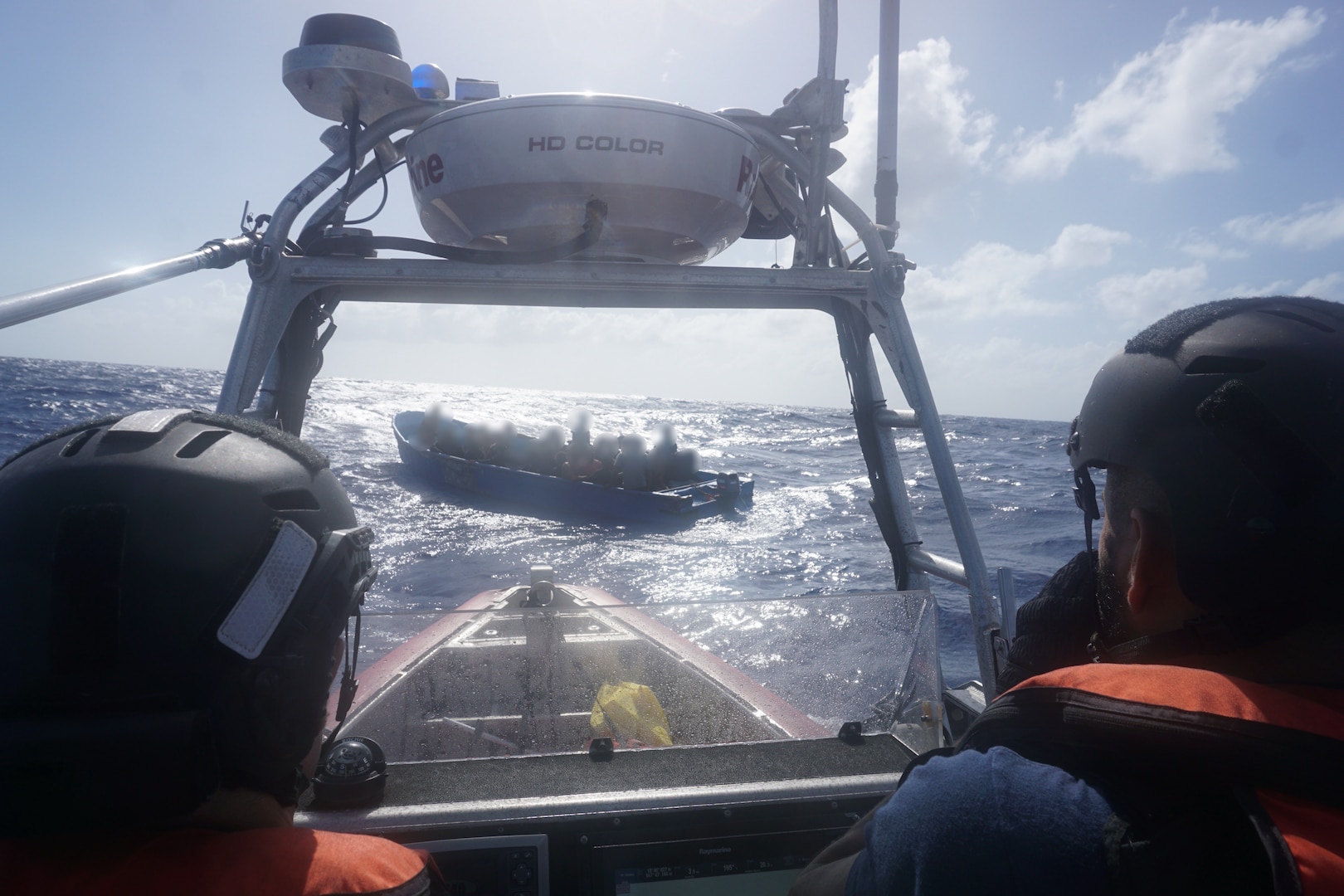Coast Guard Cutter Joseph Napier’s Over the Horizon boat crew is on-scene with an unlawful irregular migration voyage vessel interdicted in Mona Passage waters west of Puerto Rico, Nov. 12, 2023.  Cutter Joseph Napier’s crew repatriated 34 migrants from this voyage to Punta Cana, Dominican Republic Nov. 13, 2023. (U.S. Coast Guard photo)
