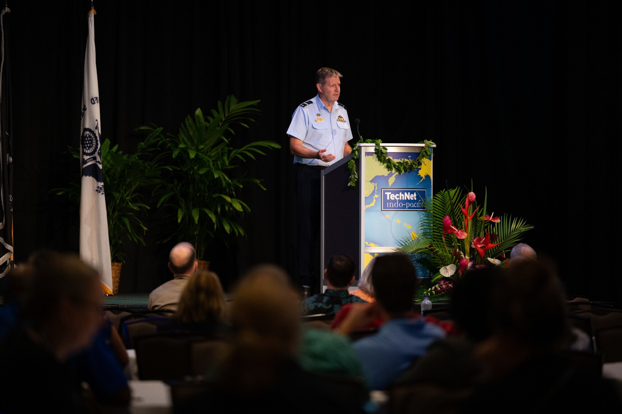Royal Australian Air Force Air Vice-Marshal Carl Newman, Pacific Air Forces deputy commander, delivers the keynote address at TechNet Indo-Pacific 2023, Honolulu, Hawaii, Nov. 8, 2023. The TechNet Indo-Pacific conference features speakers and discussions about the region’s challenges and how industry and government can collaborate to address them. (U.S. Air Force photo by Tech. Sgt. Hailey Haux)