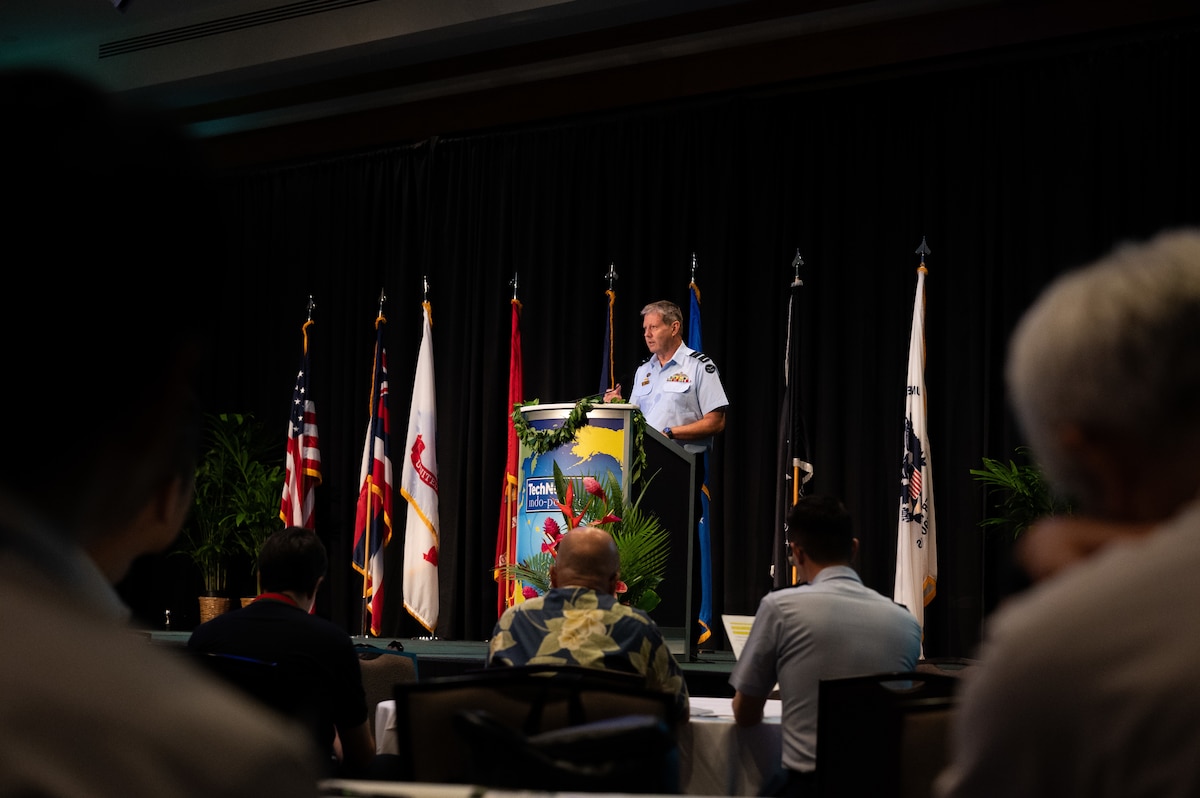 Royal Australian Air Force Air Vice-Marshal Carl Newman, Pacific Air Forces deputy commander, delivers the keynote address at TechNet Indo-Pacific 2023, Honolulu, Hawaii, Nov. 8, 2023. The theme of the conference was “Accelerate Indo-Pacific Innovation” where Newman talked about pacing challenges, technological capabilities and the innovation ecosystem. (U.S. Air Force photo by Tech. Sgt. Hailey Haux)