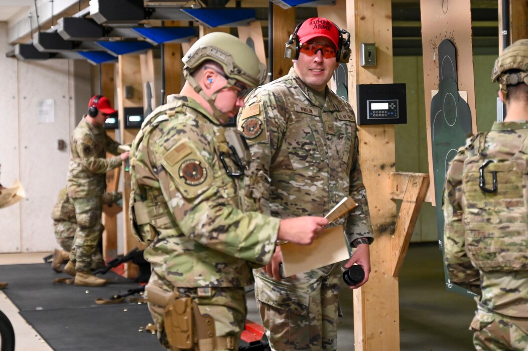 Master Sgt Christopher Winslow, the Combat Arms Training and Maintenance noncommissioned officer-in-charge, 442d Security Forces Squadron, oversees operations at the range November 3, 2023 at Whiteman AFB, Mo.