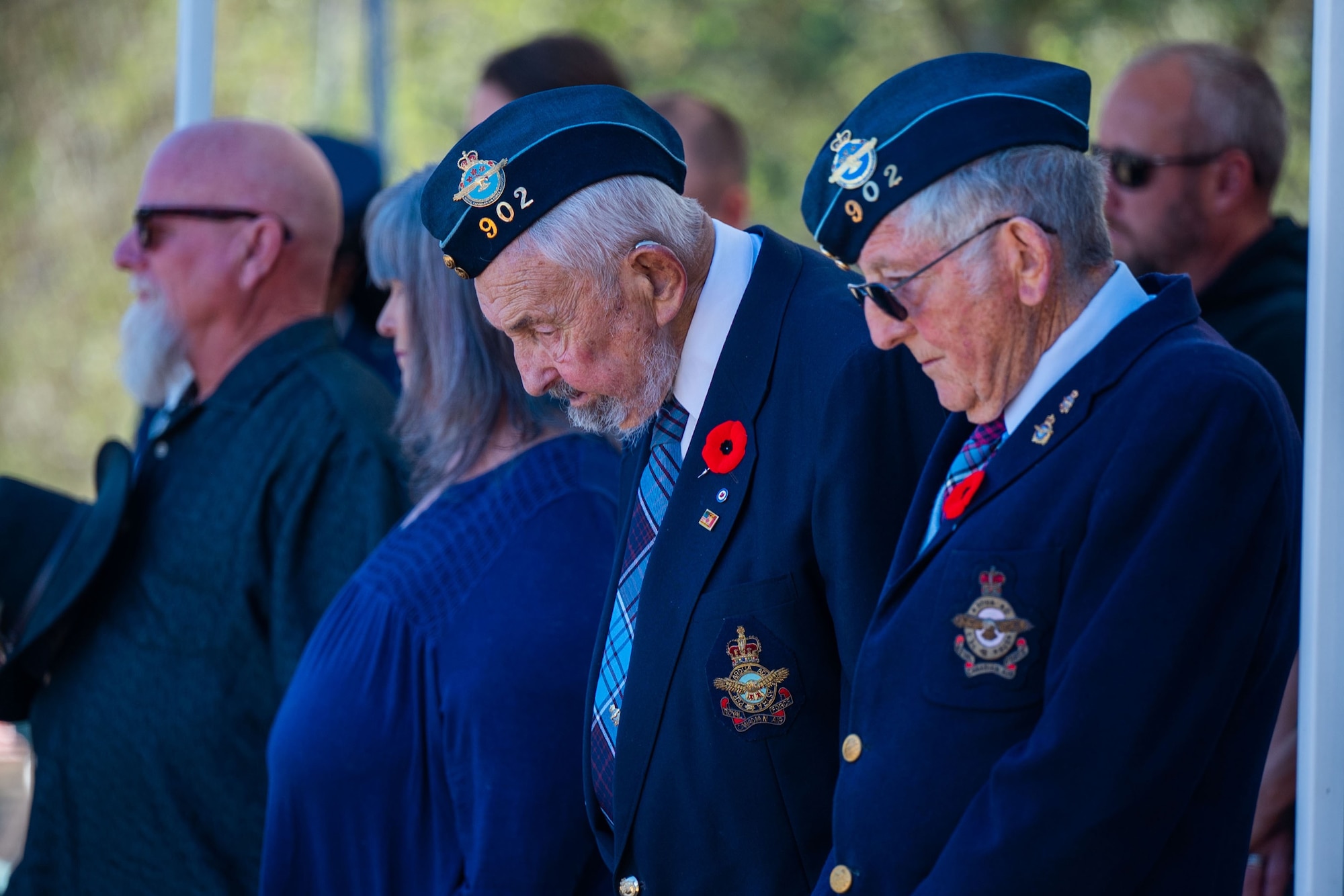 Two retired members of the Royal Canadian Air Force attend a Remembrance Day ceremony at Pine Grove Cemetery in Orcutt, Calif., Nov. 11, 2023. Combined Force Space Component Command members from the U.S., U.K., Australia, and Canada participated in the ceremony, held by the American Legion Post 534, which was a tribute to those who gave their lives in World War I, and to all the men and women who have served since. (U.S. Space Force photo by Tech. Sgt. Luke Kitterman)