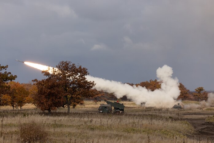 U.S. Marines with 3rd Battalion, 12th Marine Regiment, 3d Marine Division, and Japan Ground Self-Defense Force service members utilize High Mobility Artillery Rocket Systems and M270 Multiple Launch Rocket System Launchers to execute fire missions during the field training exercise portion of Resolute Dragon 23 at JGSDF Maneuver Area Yausubetsu, Hokkaido, Japan, Oct. 27, 2023. RD 23 is an annual bilateral exercise in Japan that strengthens the command, control, and multi-domain maneuver capabilities of Marines in III Marine Expeditionary Force and allied Japan Self-Defense Force personnel. (U.S. Marine Corps photo by Lance Cpl. Evelyn Doherty)