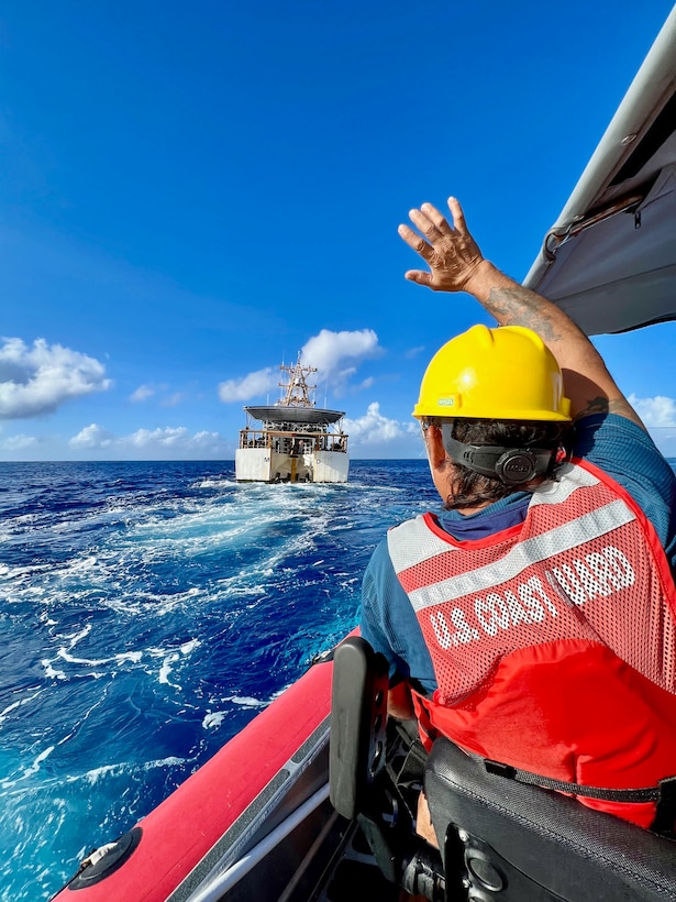 The USCGC Myrtle Hazard (WPC 1139) delivers the mayor of the Northern Mariana Islands and staff to Agrihan Island on Oct. 22, 2023. The crew completed a multifaceted patrol from Oct. 16 to Nov. 5, 2023, underscoring the U.S. Coast Guard's unwavering commitment to the community and partners in the Commonwealth of the Northern Mariana Islands (CNMI). During this period, the cutter's crew achieved several key objectives, including delivering vital donations and supplies and facilitating critical wellness checks in the wake of Typhoon Bolaven. (U.S. Coast Guard photo)