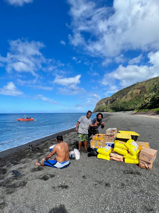 The USCGC Myrtle Hazard (WPC 1139) delivers the mayor of the Northern Mariana Islands and staff to Agrihan Island on Oct. 22, 2023. The crew completed a multifaceted patrol from Oct. 16 to Nov. 5, 2023, underscoring the U.S. Coast Guard's unwavering commitment to the community and partners in the Commonwealth of the Northern Mariana Islands (CNMI). During this period, the cutter's crew achieved several key objectives, including delivering vital donations and supplies and facilitating critical wellness checks in the wake of Typhoon Bolaven. (U.S. Coast Guard photo)