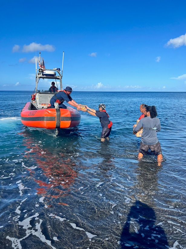 The USCGC Myrtle Hazard (WPC 1139) delivers the mayor of the Northern Mariana Islands and staff to Agrihan Island on Oct. 22, 2023. The crew completed a multifaceted patrol from Oct. 16 to Nov. 5, 2023, underscoring the U.S. Coast Guard's unwavering commitment to the community and partners in the Commonwealth of the Northern Mariana Islands (CNMI). During this period, the cutter's crew achieved several key objectives, including delivering vital donations and supplies and facilitating critical wellness checks in the wake of Typhoon Bolaven. (U.S. Coast Guard photo)