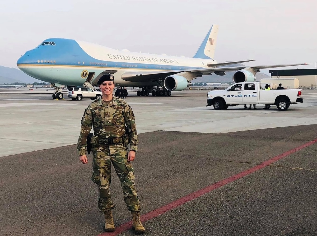Nevada Air Guard Tech. Sgt. Hannah Kasner works the security detail safeguarding Air Force One while it was in Reno, Nevada, in 2020. Kasner was honored by the College of Southern Nevada in October 2023 for her work linking the college and Fiji National University under the State Partnership Program.