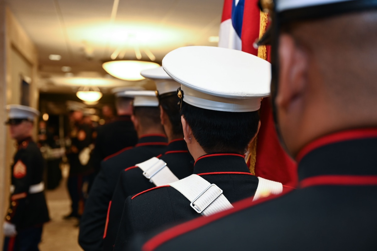 U.S. Marines with Marine Corps Detachment Goodfellow line up for the presentation of colors during the 248th Marine Corps Birthday Ball ceremony at the McNease Convention Center, San Angelo, Texas, Nov. 10, 2023. The 248th Marine Corps birthday ball honors past, present, and future Marines. (U.S. Air Force photo by Airman 1st Class Evelyn J. D’Errico)