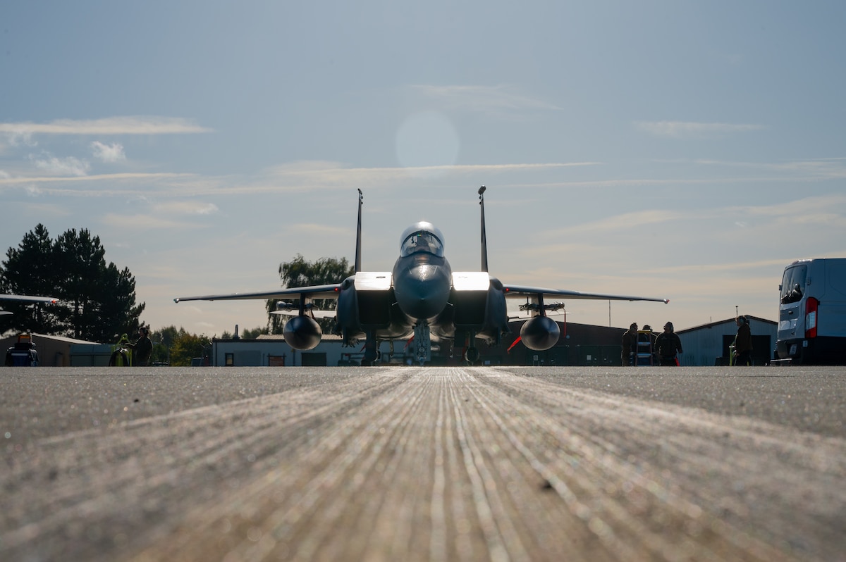 A U.S. Air Force F-15E Strike Eagle, assigned to the 492nd Fighter Squadron, prepares for a multinational exercise at RAF Lakenheath, England, Nov. 6, 2023.