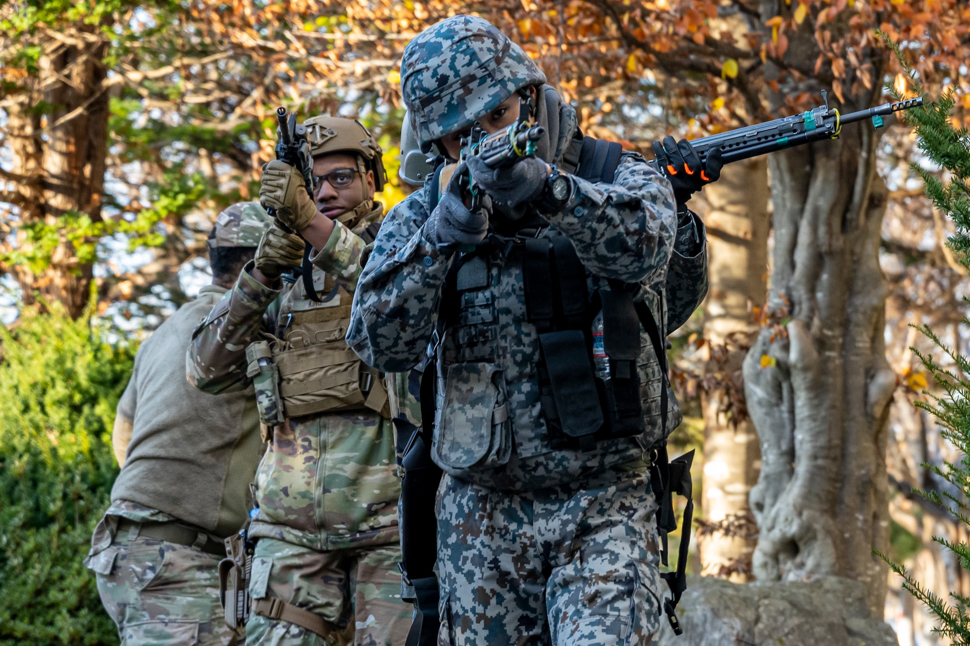 U.S. and Japanese service members preform tactical movements during a training.