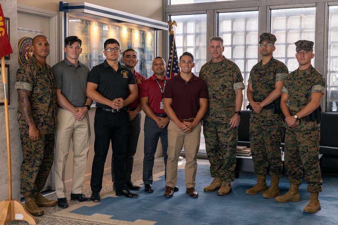 U.S. Marines from Task Force 61/2 (TF 61/2) and Marine Security Guard (MSG) Detachment Athens, pose for a photo at the Greek U.S. Embassy in Athens, Greece, on August 1, 2023. Marine Corps MSGs serve throughout the world to ensure the safety of diplomatic missions to conduct diplomacy abroad in a safe environment.