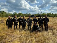U.S. and Brazilian Army field artillery Soldiers pose for photo in Ferreira Gomes, Brazil, Nov. 12, 2023. The two State Partnership Program partners trained together during exercise Southern Vanguard 24 to enhance interoperability and shared capabilities.