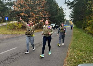 Polish Army Soldiers enjoy lunch after a ruck march with US Air Force Airmen in Łask, Poland, Nov. 11, 2023. The ruck was in celebration of US Veterans day and Poland’s National Independence day. (Courtesy photo)