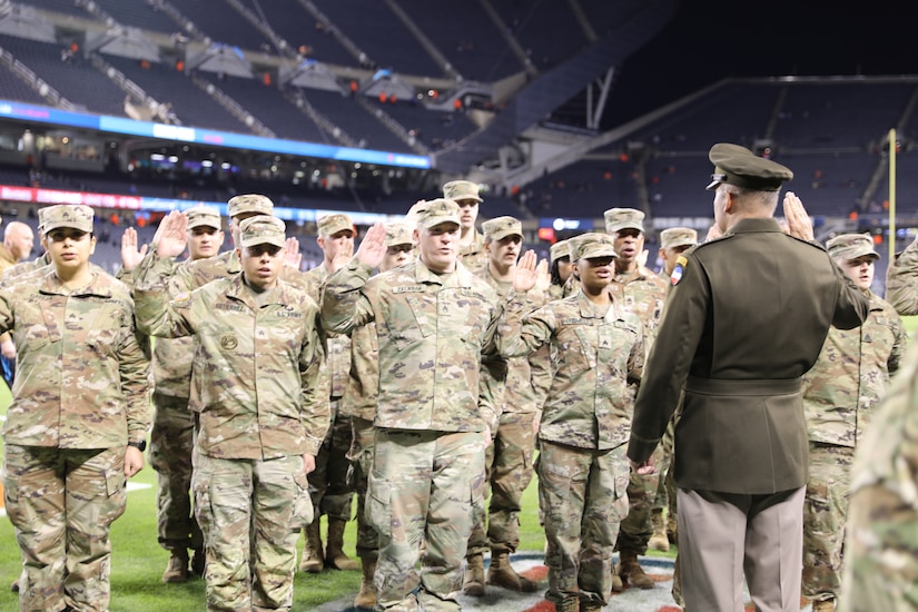 Soldiers Reenlist, Jump and Sing at the Chicago Bears Salute to Service Game